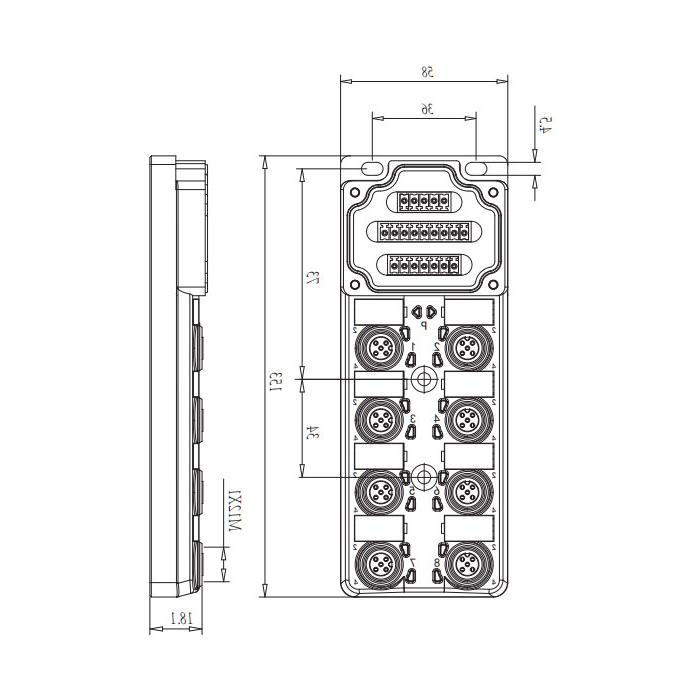 M12 junction box, dual channel, PNP, 8-port split, LED, PCB terminal, 24P80N